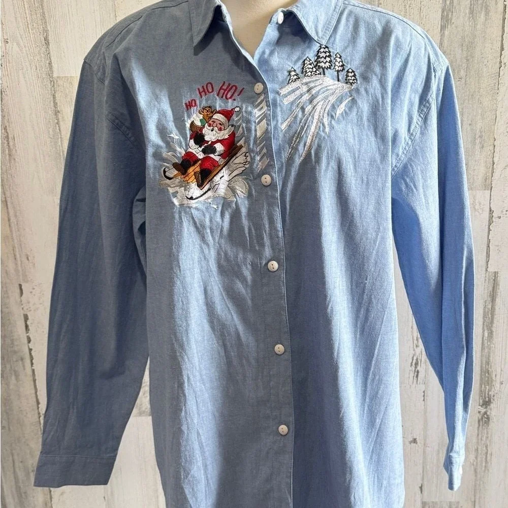 Vintage Santa Button-Up Shirt 18W HO‎ HO HO on shoulder Christmas